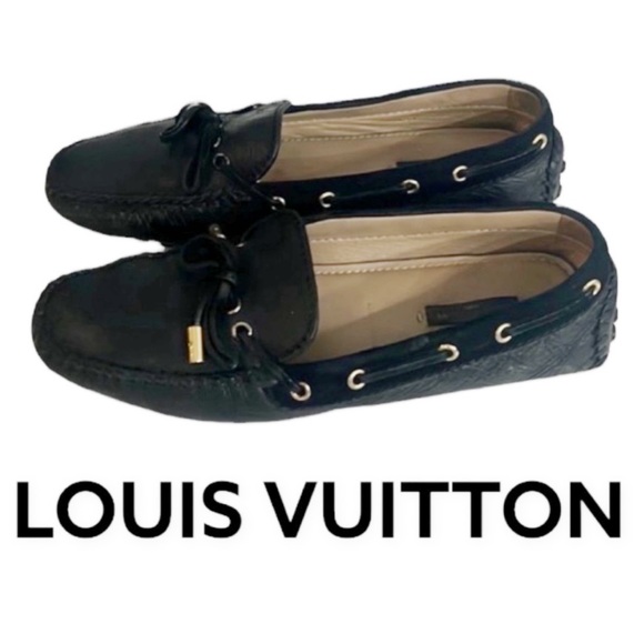 Authentic Louis Vuitton vintage black leather signature moccasins loafers 7.5 - Picture 1 of 12